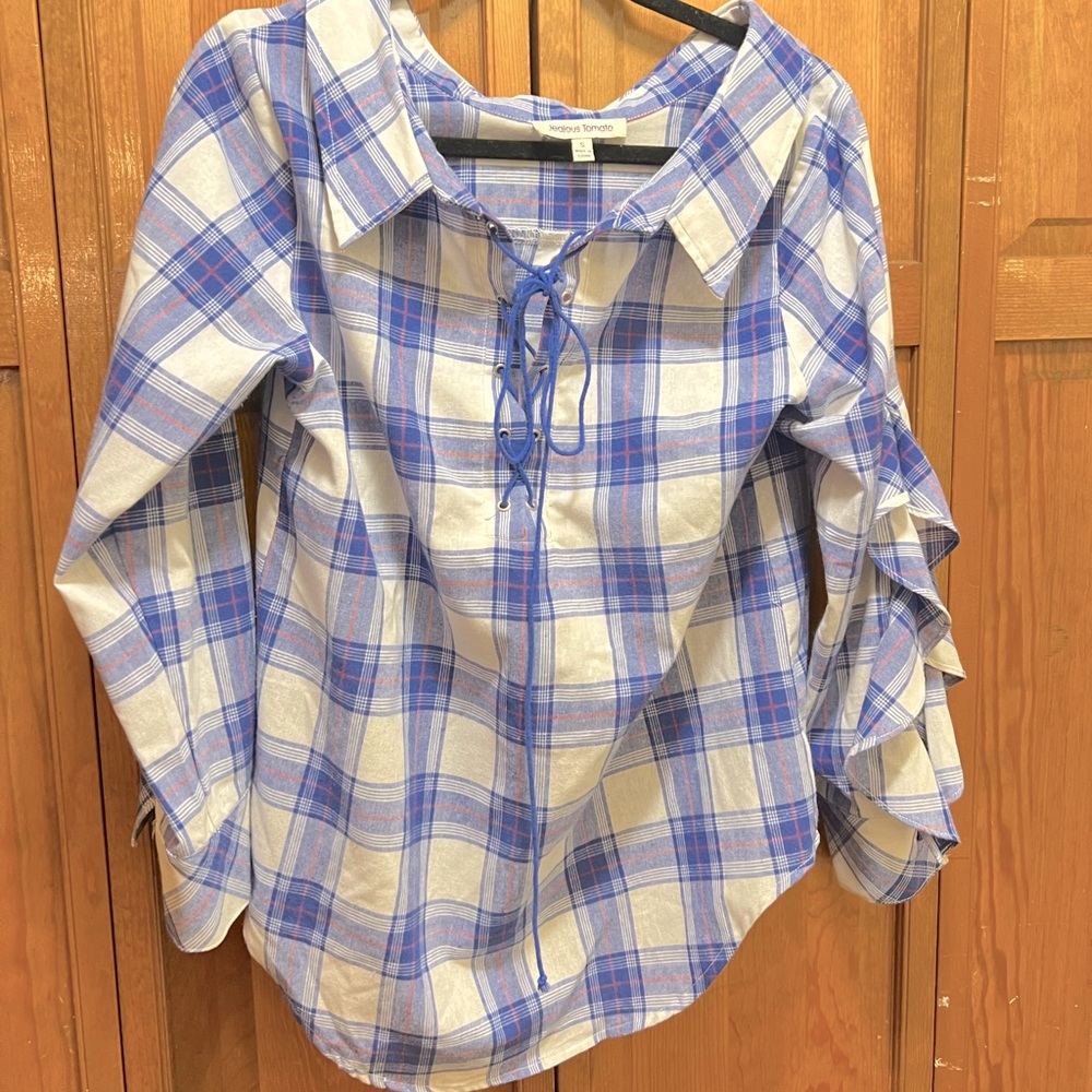Jealous Tomato Front Lace-Up Plaid Blouse sz M